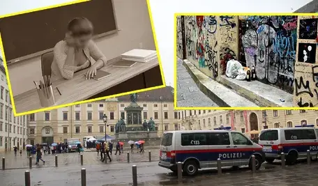 Wiedeń, centrum miasta – furgonetki policji, przechodnie z parasolami, a w ramkach: młoda kobieta siedząca przy biurku w klasie, fragment zaśmieconego i zamalowanego graffiti zaułka; zdjęcie ilustruje sprawę szantażu i przestępstw wobec nauczycielki przez nieletnich migrantów w Austrii oraz kontekst społecznej debaty o integracji i bezpieczeństwie