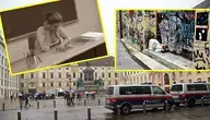 Wiedeń, centrum miasta – furgonetki policji, przechodnie z parasolami, a w ramkach: młoda kobieta siedząca przy biurku w klasie, fragment zaśmieconego i zamalowanego graffiti zaułka; zdjęcie ilustruje sprawę szantażu i przestępstw wobec nauczycielki przez nieletnich migrantów w Austrii oraz kontekst społecznej debaty o integracji i bezpieczeństwie