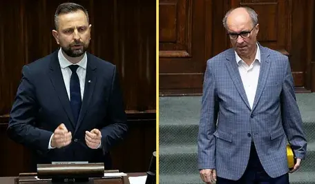 Po lewej stronie Władysław Kosiniak-Kamysz, lider PSL, przemawia w Sejmie w eleganckim, granatowym garniturze. Po prawej Włodzimierz Czarzasty w jasnoszarej marynarce stoi w budynku parlamentu – zdjęcie ilustruje aktualne wydarzenia polityczne związane z nowym projektem rządowym dotyczącym statusu osoby najbliższej.