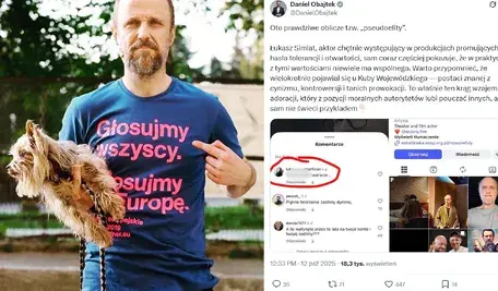 Aktor Łukasz Simlat w koszulce z napisem „Głosujmy wszyscy. Głosujmy Europę” oraz tweet Daniela Obajtka krytykujący wpis Simlata w mediach społecznościowych. Spór o słowa aktora wywołał dyskusję polityczną w sieci.