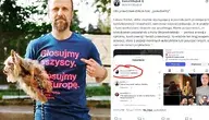 Aktor Łukasz Simlat w koszulce z napisem „Głosujmy wszyscy. Głosujmy Europę” oraz tweet Daniela Obajtka krytykujący wpis Simlata w mediach społecznościowych. Spór o słowa aktora wywołał dyskusję polityczną w sieci.