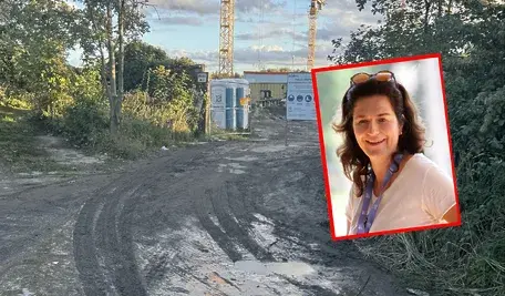 Aleksandra Dulkiewicz na tle obecnego wyglądu ulicy, która ma otrzymać imię Jana Samsonowicza