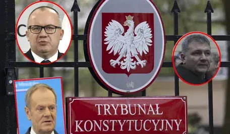 Donald Tusk, Adam Bodnar i Jarosław Żurek – spór rządu z Trybunałem Konstytucyjnym, tło gmach TK w Warszawie.