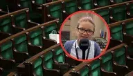 Sala obrad Sejmu Rzeczypospolitej Polskiej z naniesionym wizerunkiem 12-letniej Sary Małeckiej-Trzaskoś, znanej jako najmłodsza sejmowa reporterka.