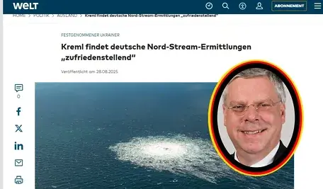 Uśmiechnięty ekspert CDU Juergen Hardt tak mocno wspiera Ukrainę, że chce bezwzględnie ścigać jej żołnierzy. W tle artykuł z Die Welt, w którym redakcja opisuje, że Kreml jest bardzo zadowolony z niemieckiego śledztwa