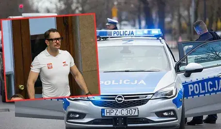 Radiowóz policyjny w tle i nałożone zdjęcie posła Łukasza Mejzy.