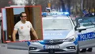 Radiowóz policyjny w tle i nałożone zdjęcie posła Łukasza Mejzy.