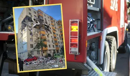 Zniszczony blok mieszkalny w Bukareszcie po potężnej eksplozji – uszkodzone elewacje, wybite okna i zawalone kondygnacje.