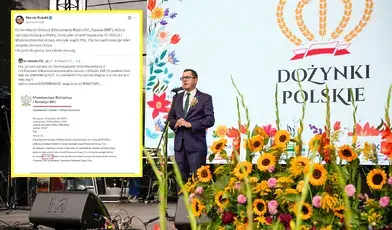 Minister Stefan Krajewski przemawia na scenie na dożynkach w Spale. Obok wpis Marcina Dobskiego z portalu x.com, o pieniądzach dla zespołu Poparzeni Kawą Trzy  