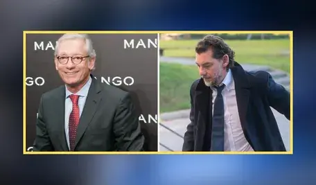 Po lewej Isak Andic, założyciel marki Mango, uśmiechnięty na tle logotypu firmy; po prawej jego syn Jonathan Andic, w garniturze i płaszczu.
