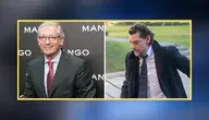 Po lewej Isak Andic, założyciel marki Mango, uśmiechnięty na tle logotypu firmy; po prawej jego syn Jonathan Andic, w garniturze i płaszczu. 