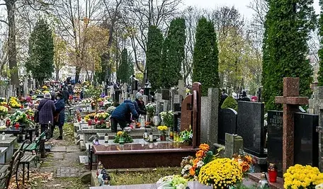 Groby udekorowane zniczami i kwiatami. Wzmożona ilość odpadów cmentarnych po uroczystości Wszystkich Świętych.