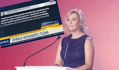 Marzena Nykiel podczas urodzin wPolityce.pl. w tle wulgarny wpis dr Krzysztofa Kontka