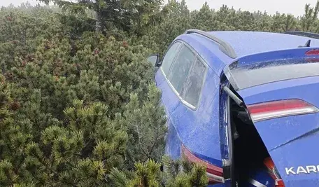 Skradziony niebieski samochód skoda Karoq został ukryty w gąszczu kosodrzewiny u stóp Śnieżki. Odnaleźli go policjanci z Karpacza. Trwają poszukiwania złodziei