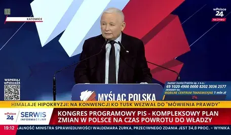Jarosław Kaczyński przemawiający na zakończenie konwencji PiS w Katowicach