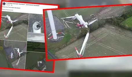 Głowica nowoczesnej turbiny wiatrowej, wraz z potężnymi łopatami, spadła z wysokości ponad 120 metrów na pole w Bauerschaft Hohenholte, pod Havixbeck w regionie Münsterland. Świadkowie – dwaj serwisanci pracujący przy sąsiedniej instalacji –