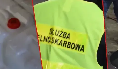 Funkcjonariusze Krajowej Administracji Skarbowej przy nielegalnej bimbrowni w gminie Mońki – widoczna aparatura do destylacji alkoholu, pojemniki z zacierem i butle gazowe zabezpieczone przez służby.