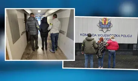 Zatrzymane osoby prowadzone przez funkcjonariuszy policji.