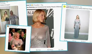 Sydney Sweeney na gali Variety "Power of Women" w błyszczącej, prześwitującej srebrnej sukni z długim rękawem, bez stanika, z eleganckim fryzurą typu bob i diamentowymi kolczykami. Aktorka stoi na środku w pełnym kadrze, z uśmiechem, w jasnym pomieszczeniu. Po bokach i na tle nałożone są zrzuty ekranu z mediów społecznościowych pokazujące inne ujęcia i reakcje na jej strój. Zdjęcie ilustruje kontrowersyjny strój Sweeney, który wywołał dyskusję o kobiecej sile i seksualizacji podczas wydarzenia.