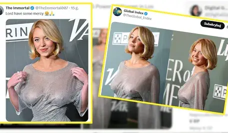 Sydney Sweeney na gali Variety "Power of Women" w błyszczącej, prześwitującej srebrnej sukni z długim rękawem, bez stanika, z eleganckim fryzurą typu bob i diamentowymi kolczykami. Aktorka stoi na środku w pełnym kadrze, z uśmiechem, w jasnym pomieszczeniu. Po bokach i na tle nałożone są zrzuty ekranu z mediów społecznościowych pokazujące inne ujęcia i reakcje na jej strój. Zdjęcie ilustruje kontrowersyjny strój Sweeney, który wywołał dyskusję o kobiecej sile i seksualizacji podczas wydarzenia.