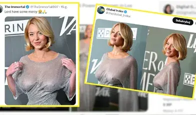 Sydney Sweeney na gali Variety "Power of Women" w błyszczącej, prześwitującej srebrnej sukni z długim rękawem, bez stanika, z eleganckim fryzurą typu bob i diamentowymi kolczykami. Aktorka stoi na środku w pełnym kadrze, z uśmiechem, w jasnym pomieszczeniu. Po bokach i na tle nałożone są zrzuty ekranu z mediów społecznościowych pokazujące inne ujęcia i reakcje na jej strój. Zdjęcie ilustruje kontrowersyjny strój Sweeney, który wywołał dyskusję o kobiecej sile i seksualizacji podczas wydarzenia.