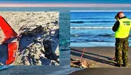 Fragmenty wojskowego imitatora drona znalezione na plaży w Ustce; miejsce zabezpieczone przez Straż Graniczną i Żandarmerię Wojskową.