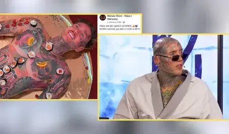 Uczestnik programu „Warsaw Shore” podczas wywiadu oraz w scenie z sushi ułożonym na ciele