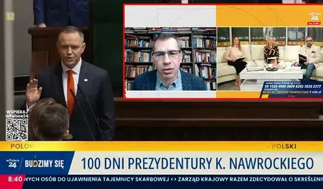 Zaprzysiężenie Karola Nawrockiego. Obok dziennikarze komentują pierwsze 100 dni prezydentury. 