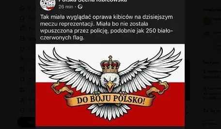 Oprawa zakazana przez policję. Czy jest w niej coś złego? Widzimy na niej polskiego orła, nasze barwy narodowe i okrzyk do boju Polsko!