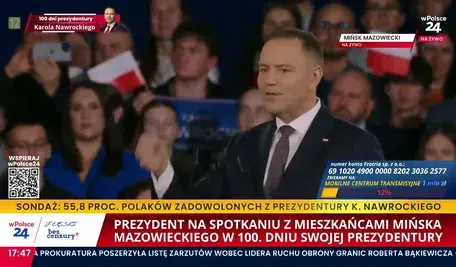 Prezydent Karol Nawrocki w Miński Mazowieckim podczas spotkania z mieszkańcami miasta z okazji 100 dni od objęcia urzędu. W swoim przemówieniu mówił o swoich sukcesach i o tym, ile złego robi dla Polski Donald Tusk i jego zausznicy. Ludzie spontanicznie wiwatowali i krzyczeli: kochamy Ciebie prezydencie.