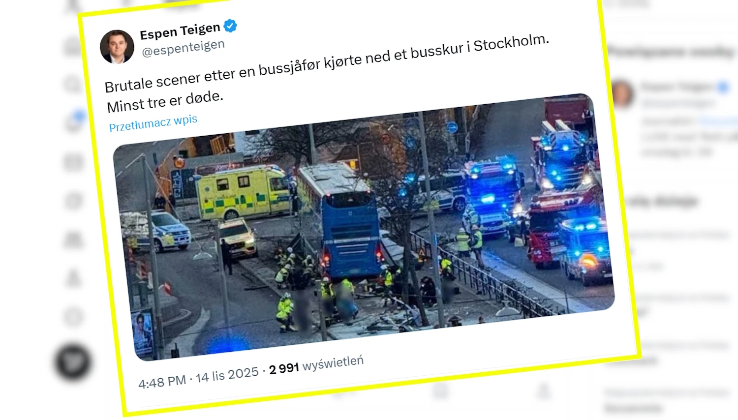 Dramat w Sztokholmie: Autobus wjechał w przystanek – są zabici i ranni