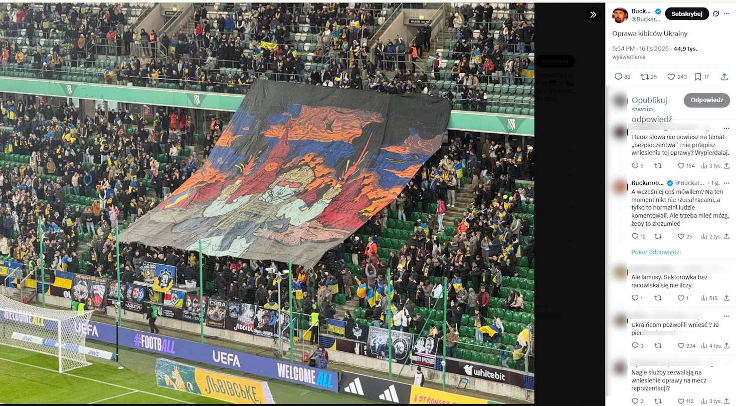 Antyrosyjska oprawa podczas meczu piłkarskiej reprezentacji Ukrainy w Warszawie. Tym razem policja nie interweniowała