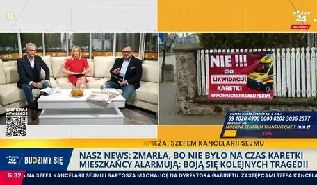 Śmierć 32-latki na Mazowszu. Dziennikarze telewizji wPolsce24 m. in. Agata Rowińska i Wojciech Biedroń w studio telewizyjnym zdjęcie płotu z banerem protestacyjnym