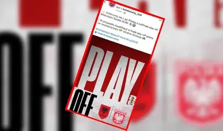 Oficjalna grafika albańskiej federacji piłkarskiej zapowiadająca mecz z Polską, na której omyłkowo użyto godła Polski z czasów PRL — białego orła bez korony.