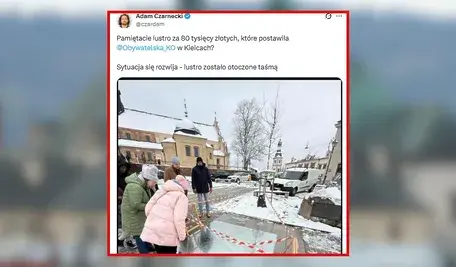 Instalacja Niebo Kielc w Kielcach. Pod śniegiem stanowiła zagrożenie dla mieszkańców, władze otoczyły ją taśmą 