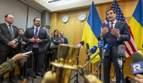 Marc Rubio w Genewie opowiada na konferencji prasowej o szczegółach planu pokojowego dla Ukrainy