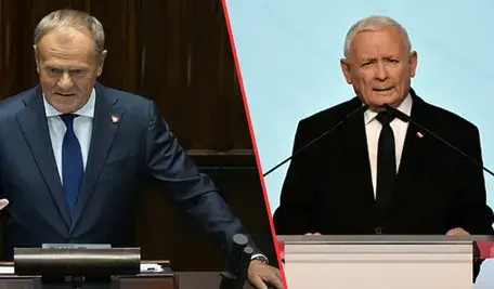 Liderzy największych ugrupowań politycznych w Polsce podczas wystąpień – rywalizacja między Koalicją Obywatelską a Prawem i Sprawiedliwością.