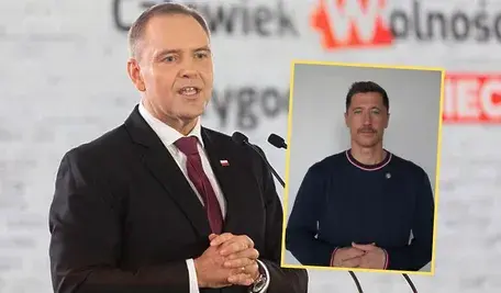 Przemawiający prezydent Karol Nawrocki, obok wstawione zdjęcie Roberta Lewandowskiego - obaj uczestniczą w akcji Movember promującej profilaktykę zdrowotną mężczyzn.