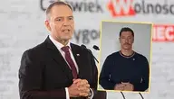 Przemawiający prezydent Karol Nawrocki, obok wstawione zdjęcie Roberta Lewandowskiego - obaj uczestniczą w akcji Movember promującej profilaktykę zdrowotną mężczyzn.