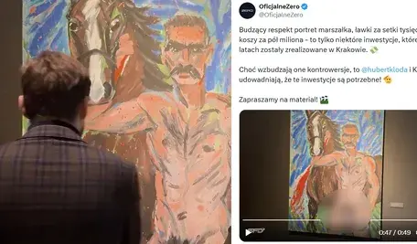 Dziennikarz Kanału Zero na tle portretu marszałka Piłsudskiego z penisem