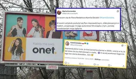 Billboard Onetu z kolorowymi zdjęciami młodych osób stoi na tle drzew bez liści. Na billboard nałożone są zrzuty ekranu wpisów z platformy X: w górnym, obramowanym na fioletowo, posłanka Maria Kurowska pisze o rzekomo sfabrykowanym e-mailu i żądaniu przeprosin od redaktora Kamila Dziubki; w dolnym, żółtym, dziennikarz Kamil Dziubka odpowiada, wyrażając zdziwienie, że ktoś wierzy w łatwe fałszowanie e-maili.