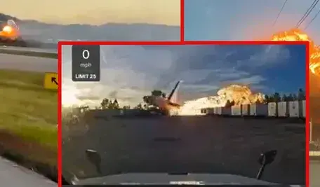 Katastrofa samolotu towarowego UPS MD-11 w Louisville – płonąca maszyna po starcie z lotniska im. Muhammada Alego, dym nad dzielnicą przemysłową, akcja strażaków i ratowników.