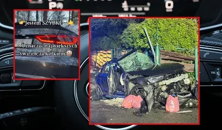 Fragment nagrania na TikToku pokazującego brawurową jazdę i rozbity samochód. 21-letni kierowca zginał podczas manewru wyprzedzania