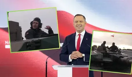 Zdjęcie przedstawia uśmiechającego się Karola Nawrockiego w garniturze, stojącego przy mównicy na tle biało-czerwonej flagi. Po bokach umieszczono dwa kadry z prezydentem wyglądającym z wnętrza czołgu.