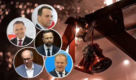 Świąteczna grafika z dzwonkami bożonarodzeniowymi na tle świateł oraz kolaż portretów polskich polityków.