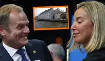 Donald Tusk i Federica Mogherini w dniu objęcia ważnych funkcji w strukturach UE. W tle siedziba Kolegium Europa, której rektorem była teraz Mogherini
