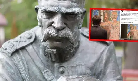 Pomnik marszalka Jozefa Pilsudskiego z corkami Wanda i Jadwiga w Sulejowku, obok screen z Kanału Zero, który pokazuje inny, kontrowersyjny portret Marszałka, do którego odnosi się tekst. 