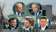 Kolaż zdjęć czołowych polskich polityków na tle budynku Sejmu RP