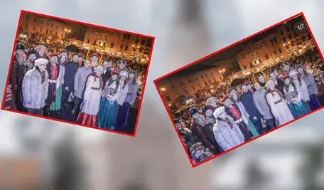 Dwie fotografie z lekcji śpiewu w Krakowie. Na jednej z nich doklejono twarz radnej KO