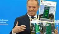 Donald Tusk podczas konferencji prasowej i nałożone zdjęcia pylonu cenowego na stacji benzynowej. 